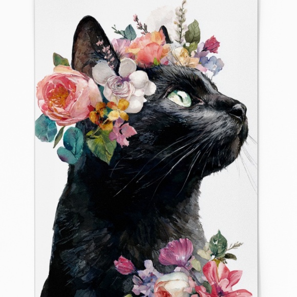 Watercolor Black Cat With Flowers Portrait Wall Art Print Unframed - Picture 6 of 6
